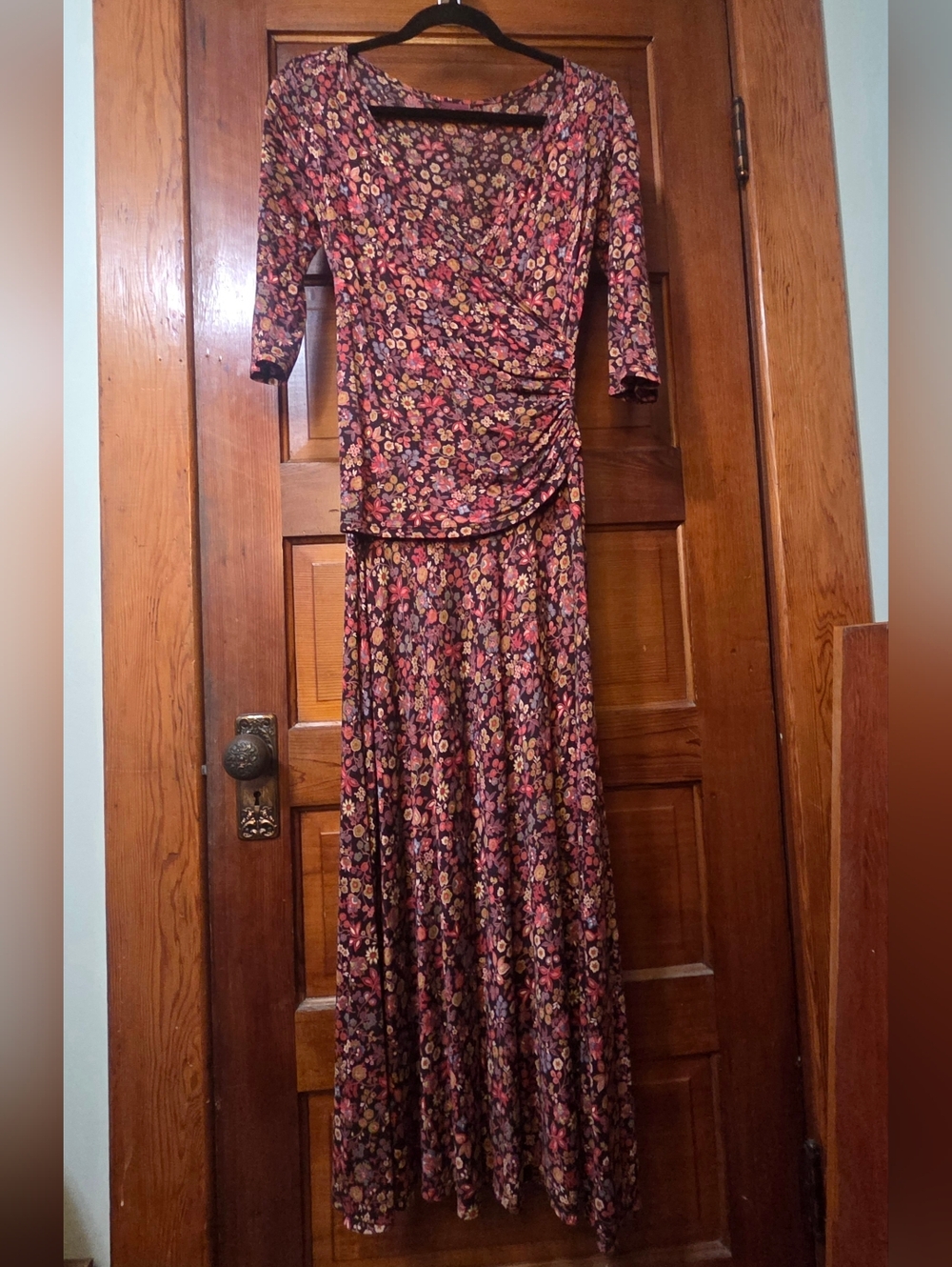 NWOT Salaam Floral Ruched Faux Wrap Maxi Dress in Burgundy Pink & Blue